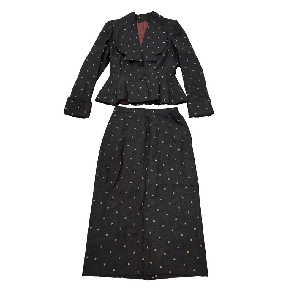 VTG 40s Women's Skirt Suit Set Peplum Coat Polka Dot Wool Sz Small Union Made